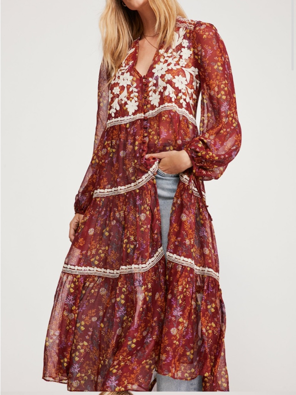 Free People Call On Me Embroidered Maxi Top Dress Women’s XS Bohemian Festival - Picture 2 of 11